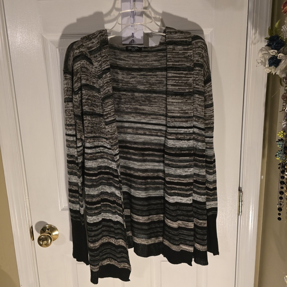 Brittany Black Women 2X Hooded Cardigan Space Dye Striped Open Front Sweater